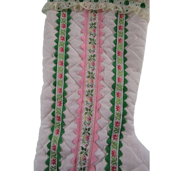 Vintage Quilted Christmas Stocking Lace Embroidered Ribbon RicRac Pink Green EUC - Picture 5 of 9
